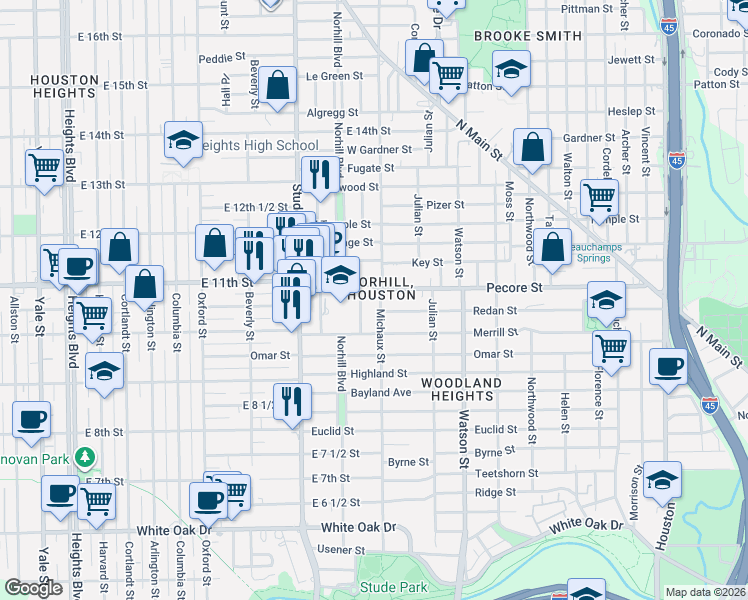 map of restaurants, bars, coffee shops, grocery stores, and more near in Houston