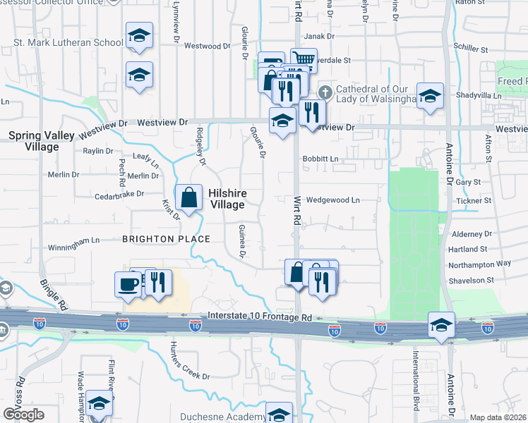 map of restaurants, bars, coffee shops, grocery stores, and more near 1202 Glourie Drive in Houston