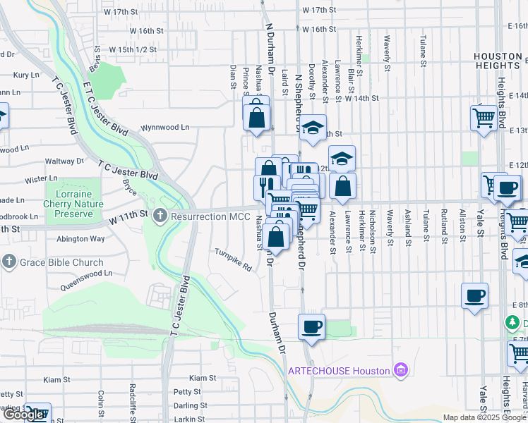 map of restaurants, bars, coffee shops, grocery stores, and more near 1030 Nashua Street in Houston