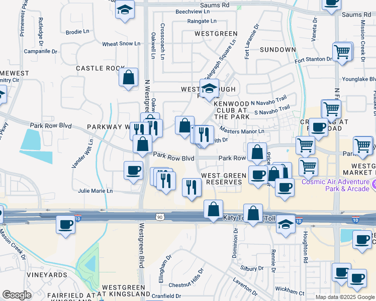 map of restaurants, bars, coffee shops, grocery stores, and more near 20290 Park Row Drive in Katy