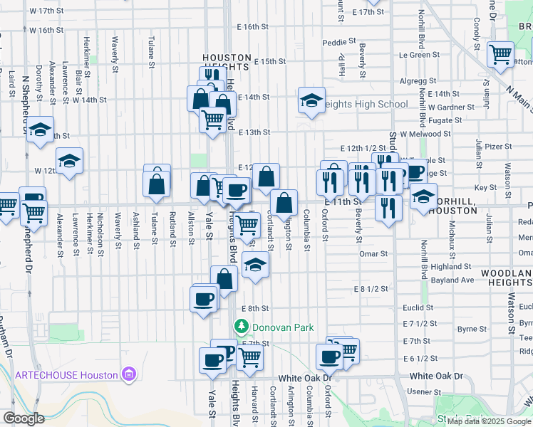 map of restaurants, bars, coffee shops, grocery stores, and more near 1035 Cortlandt Street in Houston