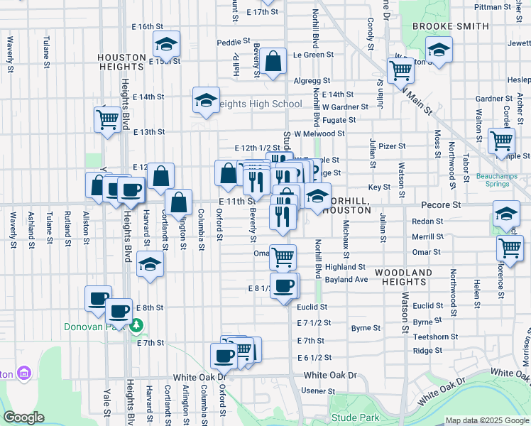 map of restaurants, bars, coffee shops, grocery stores, and more near 711 East 10 1/2 Street in Houston
