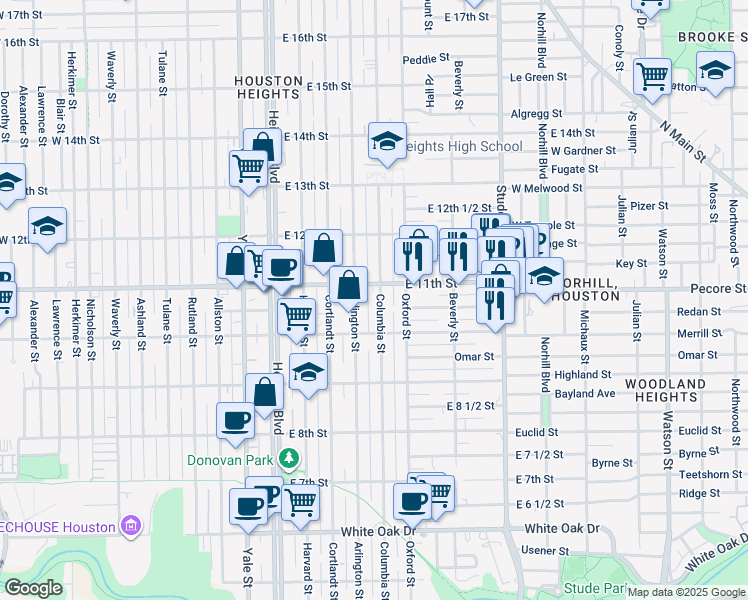 map of restaurants, bars, coffee shops, grocery stores, and more near 1037 Columbia Street in Houston