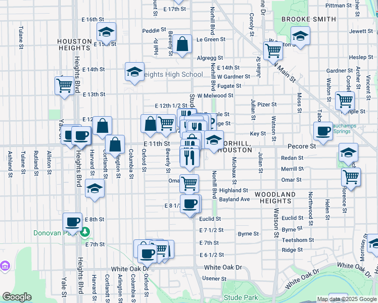 map of restaurants, bars, coffee shops, grocery stores, and more near 743 East 10 1/2 Street in Houston