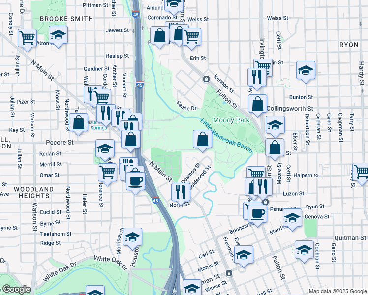 map of restaurants, bars, coffee shops, grocery stores, and more near in Houston