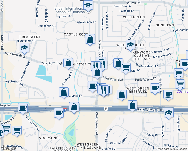 map of restaurants, bars, coffee shops, grocery stores, and more near 1602 Brickarbor Drive in Katy