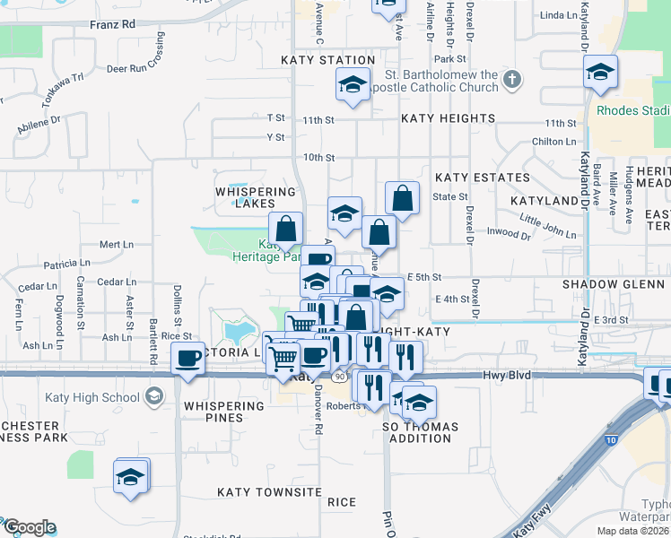 map of restaurants, bars, coffee shops, grocery stores, and more near 5718 5th Street in Katy