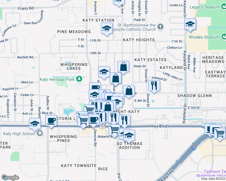 map of restaurants, bars, coffee shops, grocery stores, and more near 1205 Avenue A in Katy