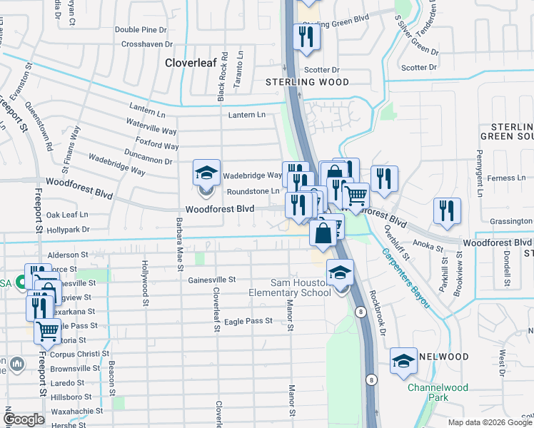 map of restaurants, bars, coffee shops, grocery stores, and more near 14520 Woodforest Boulevard in Houston