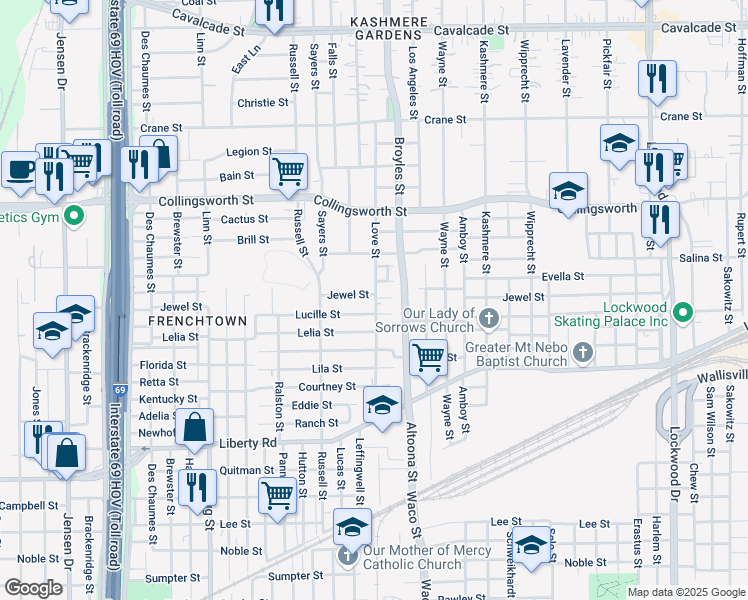 map of restaurants, bars, coffee shops, grocery stores, and more near 4031 Lucille Street in Houston