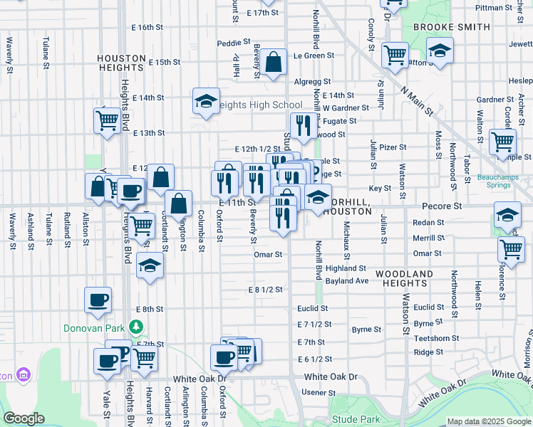 map of restaurants, bars, coffee shops, grocery stores, and more near 711 East 10 1/2 Street in Houston