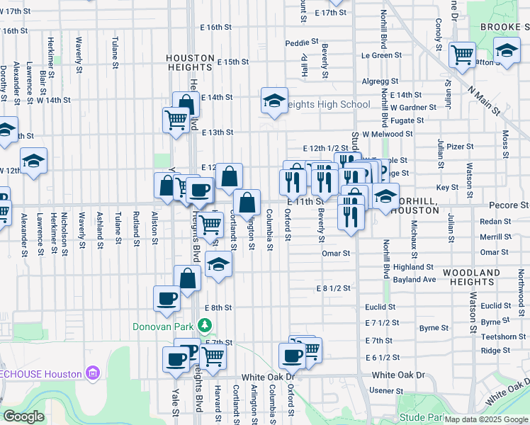 map of restaurants, bars, coffee shops, grocery stores, and more near 1026 Arlington Street in Houston