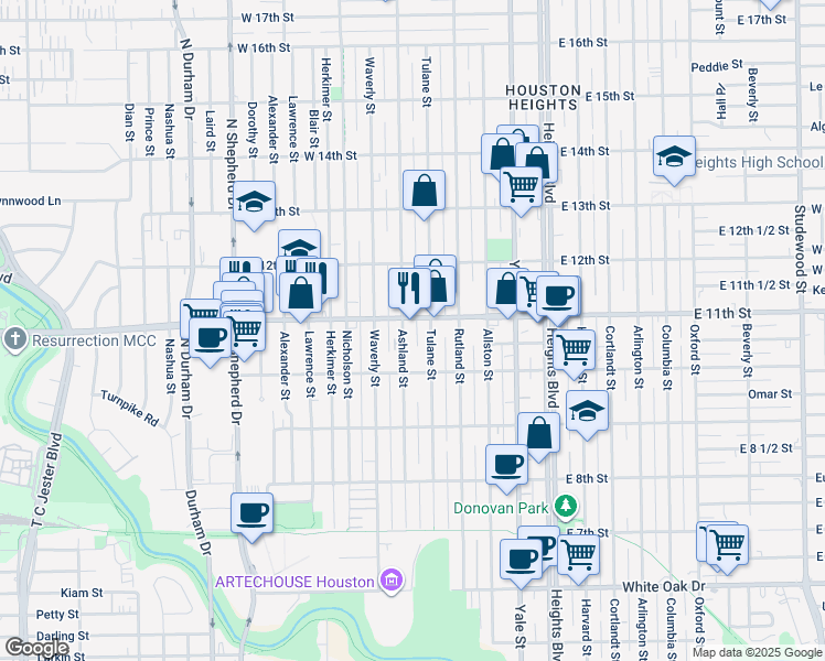 map of restaurants, bars, coffee shops, grocery stores, and more near 1036 Ashland Street in Houston