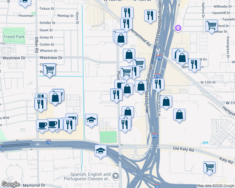 map of restaurants, bars, coffee shops, grocery stores, and more near 1228 North Post Oak Road in Houston