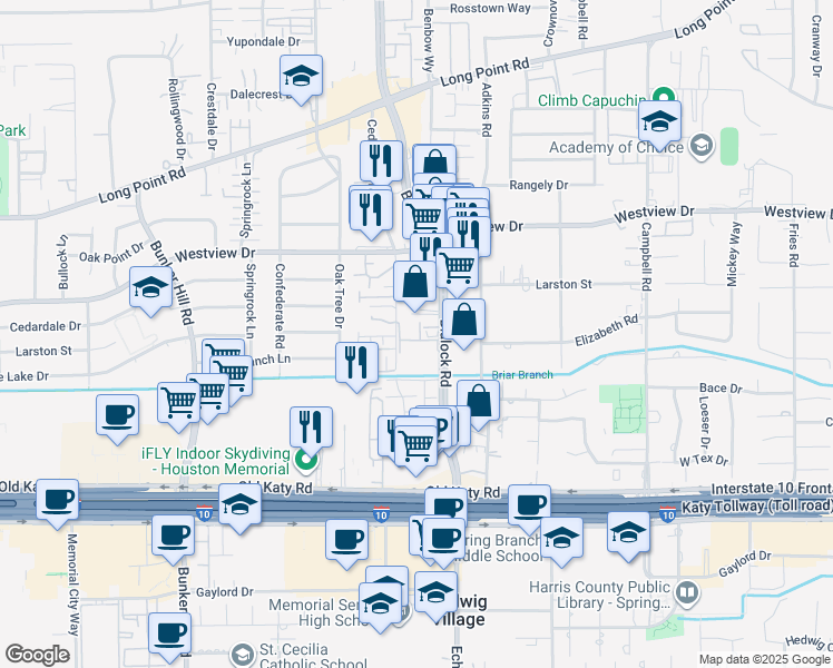 map of restaurants, bars, coffee shops, grocery stores, and more near 1217 Blalock Road in Houston