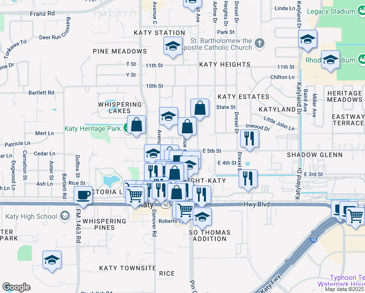 map of restaurants, bars, coffee shops, grocery stores, and more near 5608 5th Street in Katy