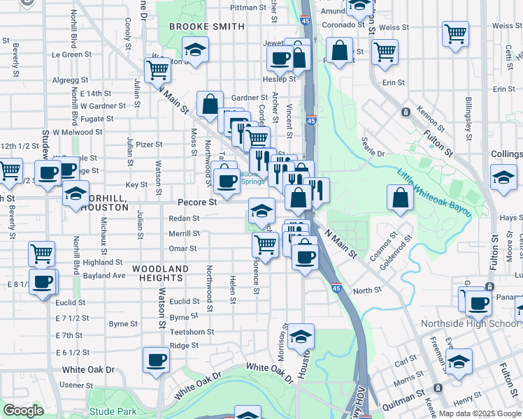 map of restaurants, bars, coffee shops, grocery stores, and more near 300 Quinn Street in Houston