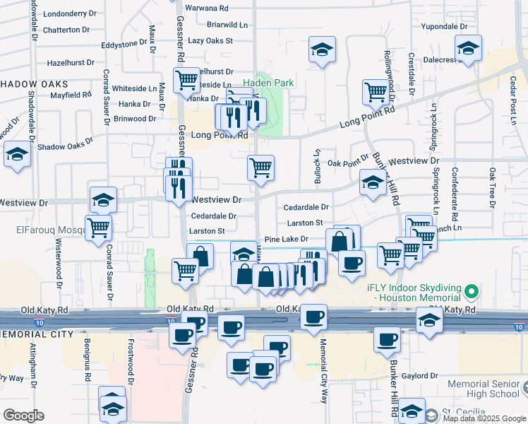 map of restaurants, bars, coffee shops, grocery stores, and more near 1202 Witte Road in Houston