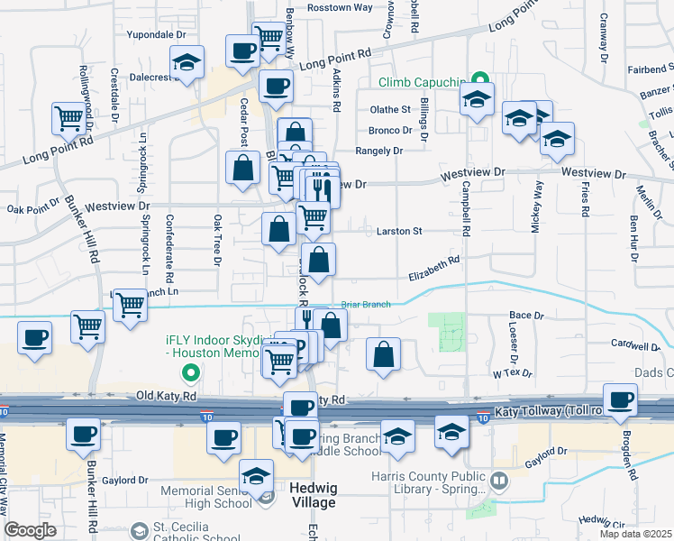 map of restaurants, bars, coffee shops, grocery stores, and more near 9258 Elizabeth Road in Houston