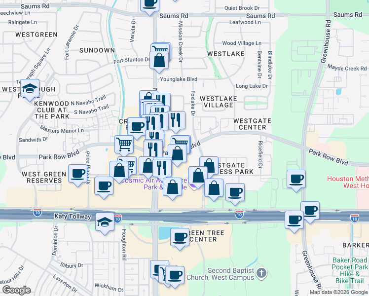 map of restaurants, bars, coffee shops, grocery stores, and more near 19776 Park Row Drive in Houston