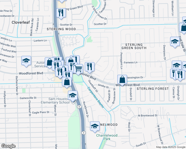 map of restaurants, bars, coffee shops, grocery stores, and more near 14902 Grassington Drive in Channelview