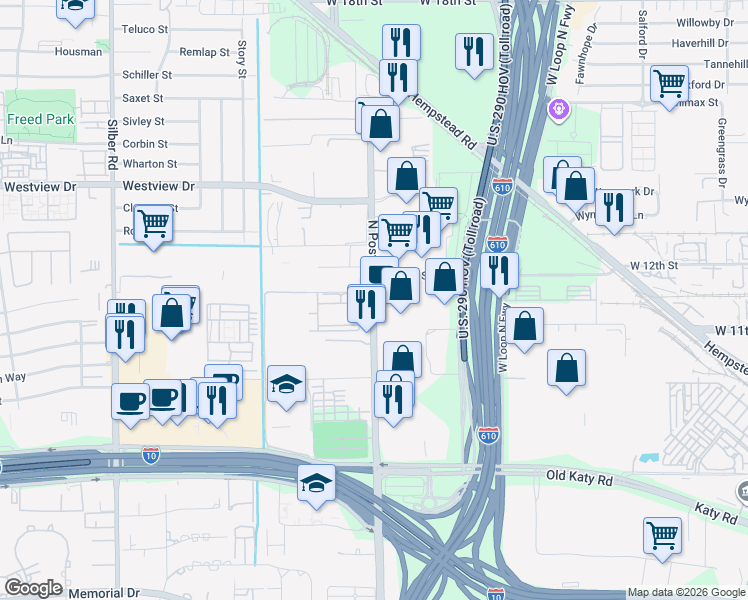 map of restaurants, bars, coffee shops, grocery stores, and more near 1228 North Post Oak Road in Houston