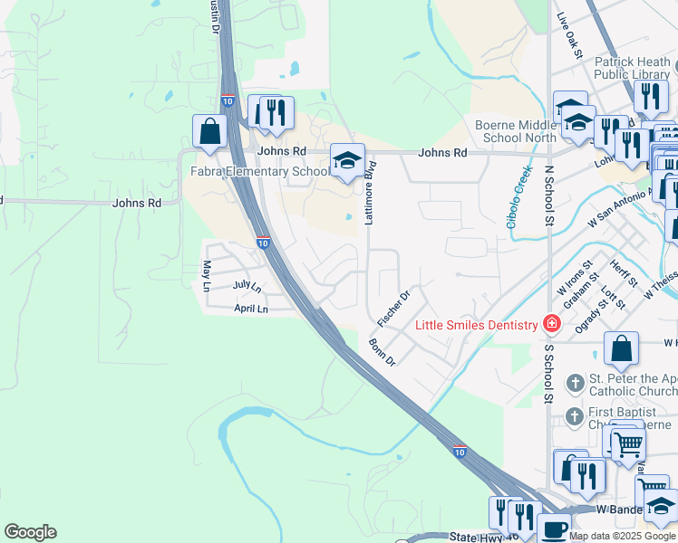 map of restaurants, bars, coffee shops, grocery stores, and more near 131 Hampton Bend in Boerne