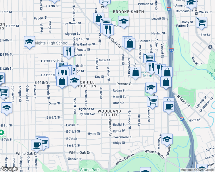 map of restaurants, bars, coffee shops, grocery stores, and more near 721 Redan Street in Houston