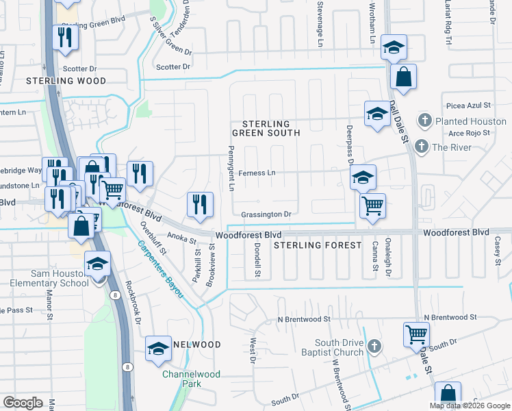 map of restaurants, bars, coffee shops, grocery stores, and more near 15115 Grassington Drive in Channelview