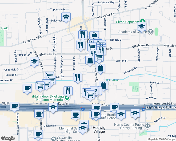 map of restaurants, bars, coffee shops, grocery stores, and more near 1217 Blalock Road in Houston