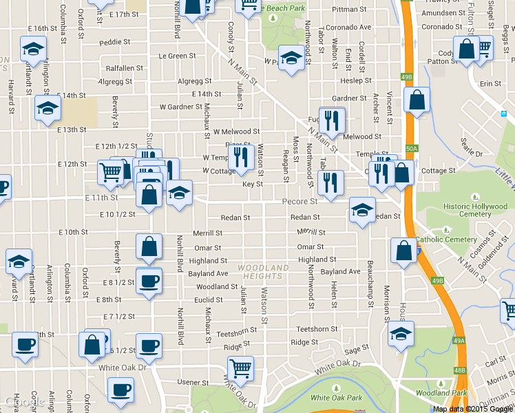 map of restaurants, bars, coffee shops, grocery stores, and more near 721 Redan Street in Houston
