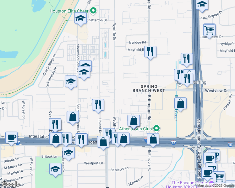 map of restaurants, bars, coffee shops, grocery stores, and more near 1306 Wycliffe Drive in Houston