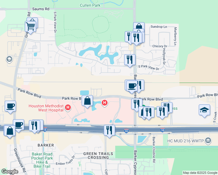 map of restaurants, bars, coffee shops, grocery stores, and more near 18210 Park Row Boulevard in Houston