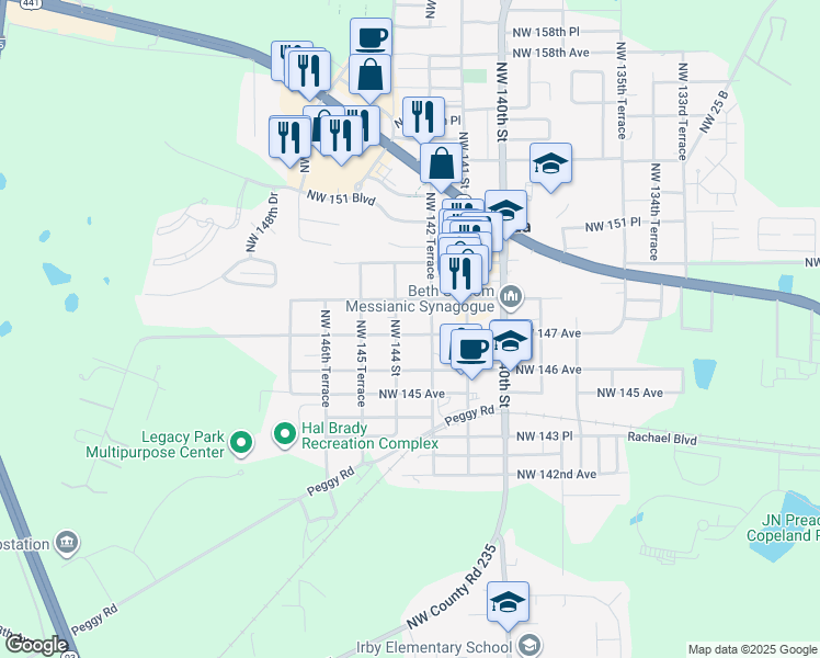 map of restaurants, bars, coffee shops, grocery stores, and more near 14316 Northwest 147 Avenue in Alachua