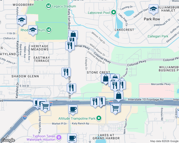 map of restaurants, bars, coffee shops, grocery stores, and more near 1230 Maple Ace Drive in Katy