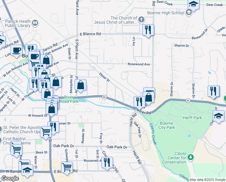 map of restaurants, bars, coffee shops, grocery stores, and more near 114 Aransas Pass in Boerne