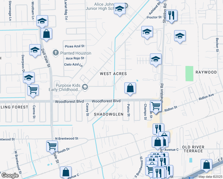 map of restaurants, bars, coffee shops, grocery stores, and more near 15450 Elgin Street in Channelview