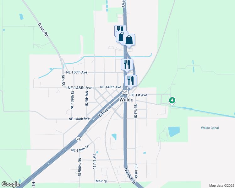map of restaurants, bars, coffee shops, grocery stores, and more near 146-198 SW 4th Blvd in Waldo