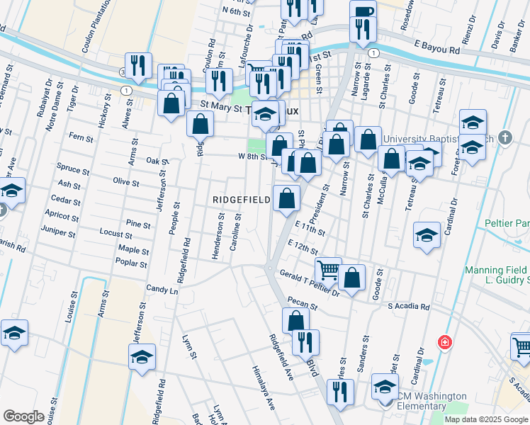 map of restaurants, bars, coffee shops, grocery stores, and more near 1033 Harrison Street in Thibodaux