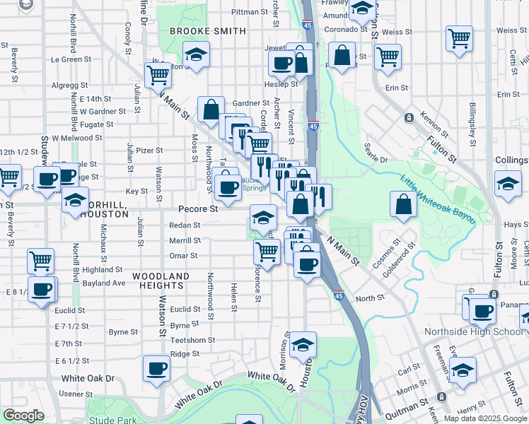 map of restaurants, bars, coffee shops, grocery stores, and more near 300 Quinn Street in Houston