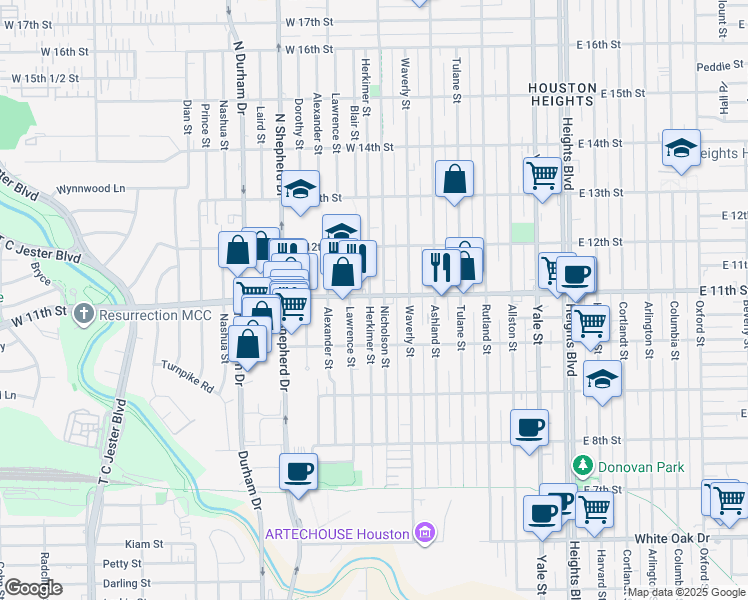 map of restaurants, bars, coffee shops, grocery stores, and more near 1026 Herkimer Street in Houston