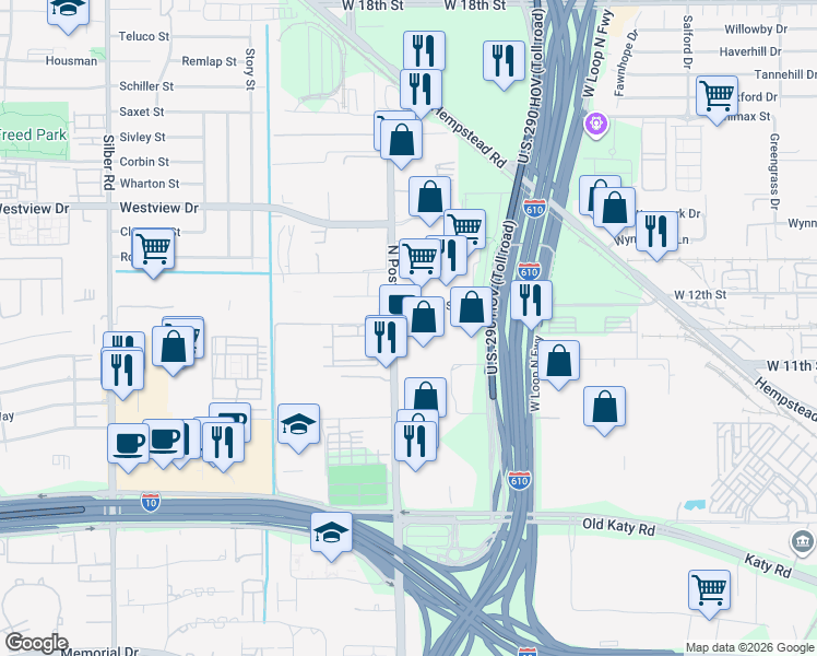 map of restaurants, bars, coffee shops, grocery stores, and more near 1228 North Post Oak Road in Houston