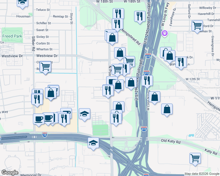 map of restaurants, bars, coffee shops, grocery stores, and more near 1228 North Post Oak Road in Houston