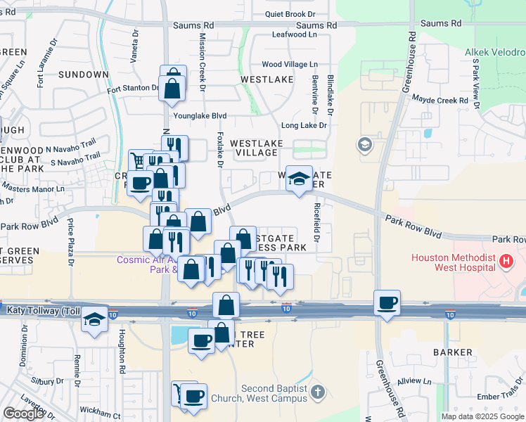 map of restaurants, bars, coffee shops, grocery stores, and more near 1550 Foxlake Drive in Houston