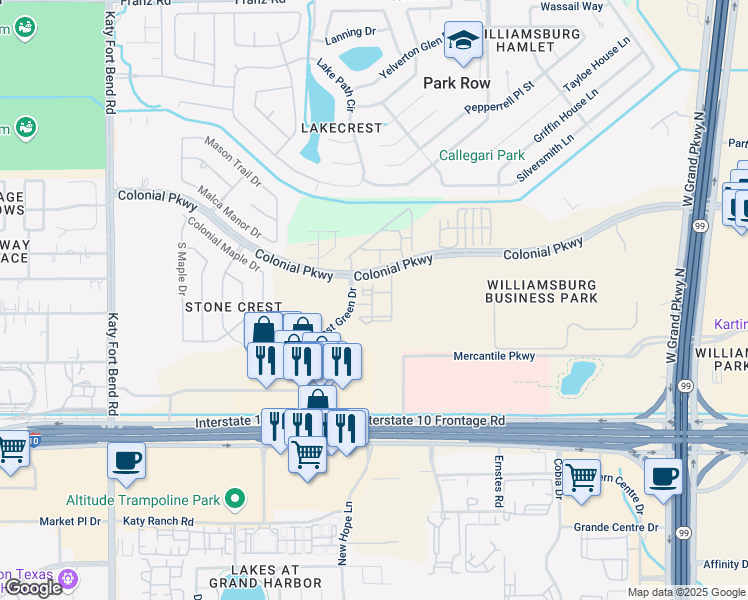 map of restaurants, bars, coffee shops, grocery stores, and more near 1222 Park West Green Drive in Katy