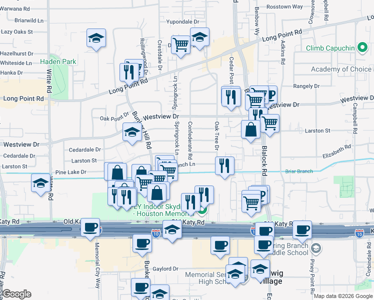 map of restaurants, bars, coffee shops, grocery stores, and more near 1132 Springrock Lane in Houston