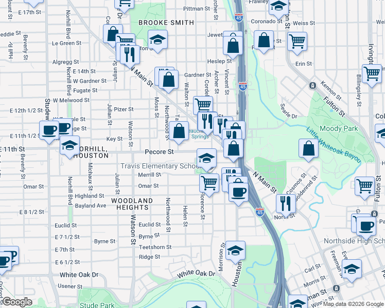 map of restaurants, bars, coffee shops, grocery stores, and more near 416 Pecore Street in Houston