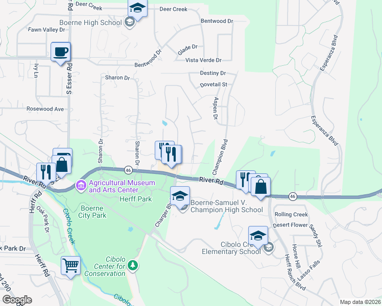 map of restaurants, bars, coffee shops, grocery stores, and more near 101 Woods of Boerne Boulevard in Boerne