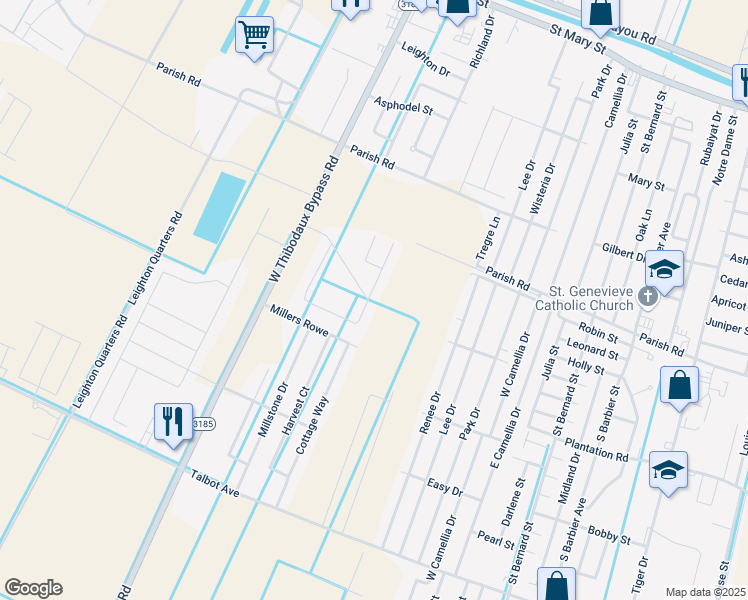 map of restaurants, bars, coffee shops, grocery stores, and more near 284 Carriage Way in Thibodaux