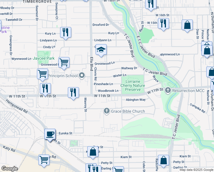 map of restaurants, bars, coffee shops, grocery stores, and more near 6330 Woodbrook Lane in Houston